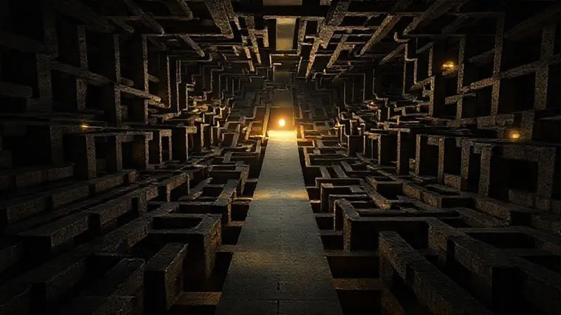 A photorealistic image of a complex, intertwining network of paths or a labyrinth, with some paths clearly illuminated and others shrouded in shadow. In the center, a single, clear, well-lit path leads directly to a distant, glowing beacon. Sharp focus on the central path, depth of field blurring the confusing surrounding paths. Cinematic lighting, 8K hyper-detailed, professional photography, shot on a high-end DSLR.