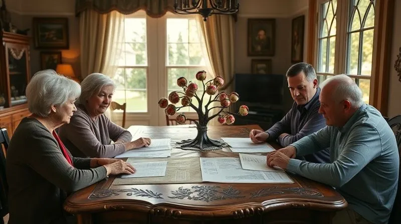 photorealistic, professional photography, 8K, cinematic lighting, sharp focus, depth of field, shot on a high-end DSLR, a multi-generational family (grandparents, parents, adult children) gathered around a large, ornate wooden table, reviewing documents and a family tree, with an air of thoughtful discussion and shared legacy, warm, inviting light from a window, symbolizing continuity and planning.