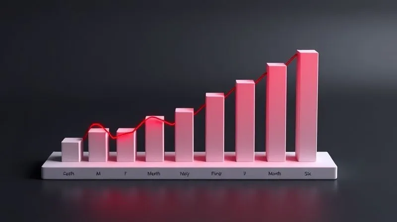 A photorealistic 3D bar chart showing a downward trend in a company's cash balance over six months, with a red warning sign flashing at the final bar. Cinematic lighting, sharp focus, 8K, professional photography.