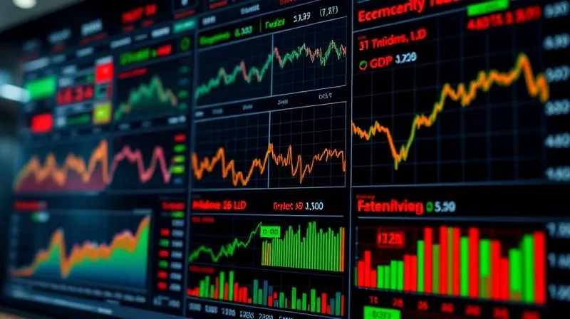 A photorealistic, professional photography, 8K, cinematic lighting, sharp focus, depth of field, shot on a high-end DSLR image of a complex financial dashboard displaying various economic indicators like GDP growth, inflation, unemployment rates, and stock market indices, with data trends clearly visible and color-coded for positive and negative signals. The overall atmosphere is analytical and data-driven.