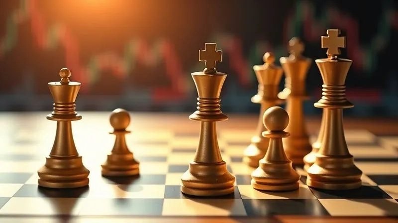 A photorealistic, professional photography, 8K, cinematic lighting, sharp focus, depth of field, shot on a high-end DSLR image of a strategic chessboard with chess pieces representing different market entry strategies, illuminated by soft, focused light, creating long shadows. The board is set against a blurred background of global financial charts, conveying deep tactical thinking and foresight.