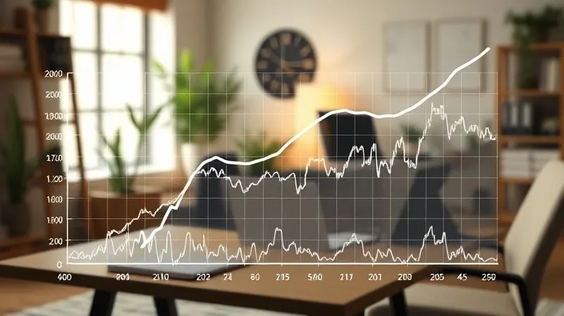 A photorealistic image of a financial graph with a smooth, upward trend line superimposed over a chaotic, jagged income graph, symbolizing income smoothing. The background features a serene, organized home office setting, cinematic lighting, sharp focus on the graphs, depth of field blurring the office, 8K hyper-detailed, professional photography, shot on a high-end DSLR