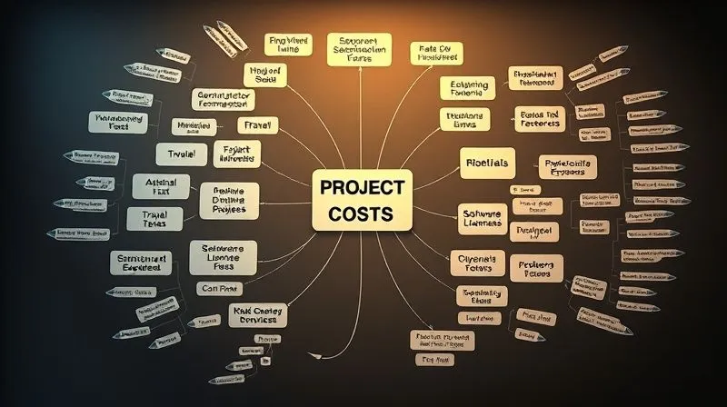 A photorealistic professional photography image showing a complex mind map or flowchart illustrating different categories of project expenses branching out from a central 'Project Costs' node, with sub-categories like 'Travel', 'Materials', 'Software Licenses', and 'Subcontractors'. The map is visually clear and organized, with cinematic lighting and sharp focus on the details, creating a sense of clarity amidst complexity. 8K hyper-detailed, shot on a high-end DSLR.