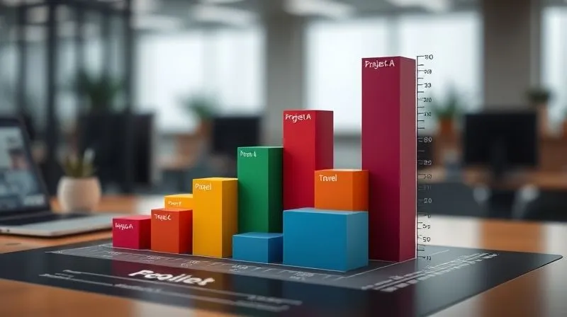 A photorealistic professional photography image showing a dynamic 3D bar chart or a pie chart visually representing project cost allocation. The chart breaks down total expenses into segments for different projects (e.g., Project A, Project B, Project C), with specific expense types (e.g., Labor, Materials, Travel) within each segment. Cinematic lighting highlights the data, sharp focus on the chart details, depth of field blurring a subtle office background. 8K hyper-detailed, shot on a high-end DSLR.