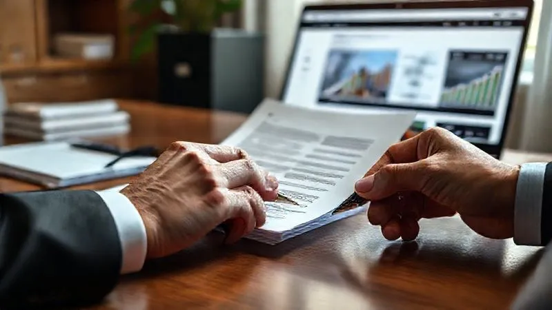 Photorealistic, professional photography, 8K, cinematic lighting, sharp focus, depth of field, shot on a high-end DSLR. A neatly organized desk with a stack of official-looking financial documents, a pen, and a laptop displaying a brokerage website. A hand is carefully reviewing a document, emphasizing meticulous detail and secure handling of sensitive information.