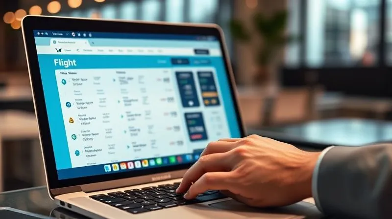 A photorealistic image of a professional's hand hovering over a laptop keyboard, with a complex flight comparison website on the screen displaying various routes and prices, overlayed with small icons representing budget savings and smart choices. Cinematic lighting, sharp focus on the screen and hand, depth of field blurring a modern office background, 8K hyper-detailed.