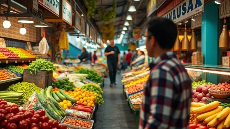 A photorealistic, vibrant image of a bustling local food market in an international city, with a professional-looking person (blurred slightly) browsing fresh produce and street food stalls. The scene is full of authentic colors and textures, cinematic lighting, sharp focus on the food and market atmosphere, depth of field, 8K hyper-detailed.