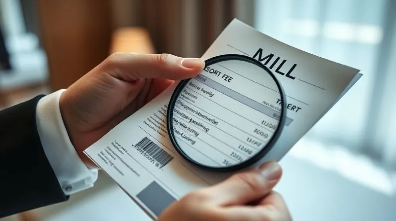 A photorealistic image of a professional's hand opening a travel bill, revealing a magnifying glass highlighting numerous small, unexpected charges like 'resort fee', 'baggage handling', 'Wi-Fi premium', all subtly camouflaged. Cinematic lighting, sharp focus on the bill and magnifying glass, depth of field blurring a hotel room background, 8K hyper-detailed.