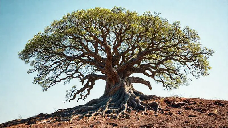 A photorealistic image of a strong, intricate tree with deep roots, its branches extending upwards and outwards, symbolizing a well-protected and growing family legacy. The tree is positioned against a clear, bright sky, suggesting long-term stability. Professional photography, 8K, cinematic lighting, sharp focus, depth of field.