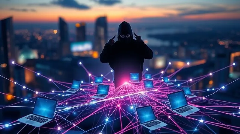 photorealistic, professional photography, 8K, cinematic lighting, sharp focus, depth of field, shot on a high-end DSLR. A vibrant, interconnected network of glowing lines emanating from multiple laptops and smartphones, symbolizing a distributed remote workforce. A shadowy, abstract digital threat hovers menacingly over the network, with elements of data flowing away from the main cluster. The background is a blurred, modern cityscape at dusk, emphasizing the global nature of remote work and cyber threats.