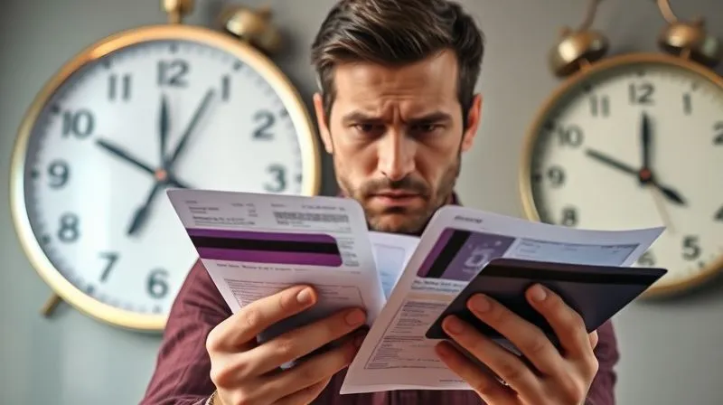 A photorealistic image of a person looking stressed while holding multiple credit card statements, with a blurred background showing a clock ticking rapidly, emphasizing the urgency of financial pressure. Professional photography, 8K, cinematic lighting, sharp focus on the person, depth of field, shot on a high-end DSLR.
