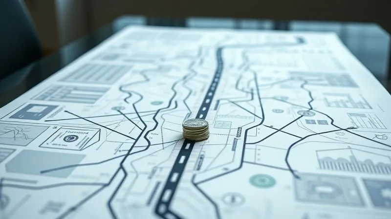 A photorealistic image of a pristine, clear financial roadmap laid out on a table, with a small, growing stack of dollar bills at the end of the path, symbolizing future financial growth and stability. Professional photography, 8K, cinematic lighting, sharp focus on the roadmap, depth of field, shot on a high-end DSLR.