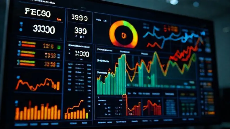 photorealistic, professional photography, 8K, cinematic lighting, sharp focus, depth of field, shot on a high-end DSLR, a complex financial dashboard displayed on a large monitor, with FICO scores prominently highlighted, alongside various loan qualification metrics like DTI and LTV, glowing lines connecting data points, symbolizing intricate financial analysis.