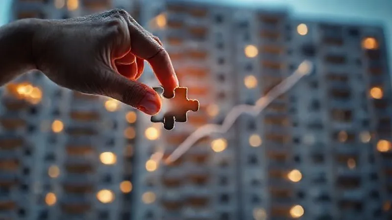photorealistic, professional photography, 8K, cinematic lighting, sharp focus, depth of field, shot on a high-end DSLR, a single, strong hand placing the last piece of a complex, glowing puzzle, forming a clear, detailed image of a modern multi-unit apartment building, with a subtle, upward-trending FICO score graph in the softly blurred background, symbolizing achievement and strategic completion.