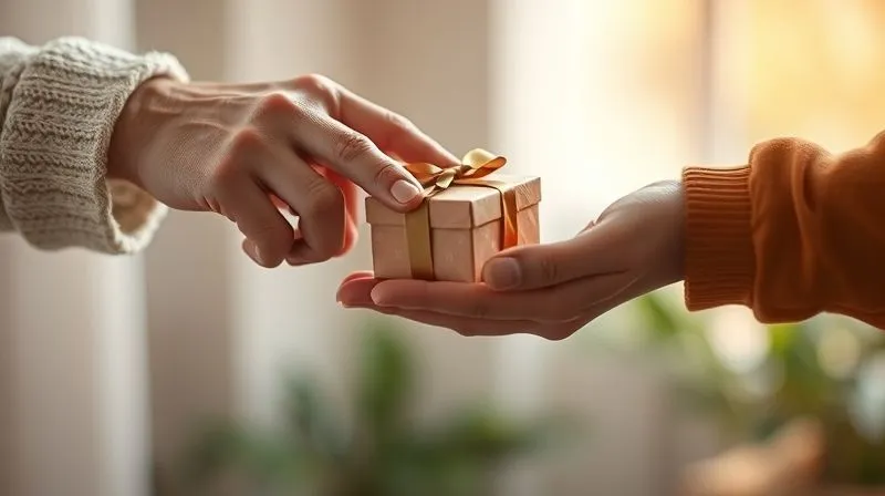 Photorealistic image of an elderly hand passing a small, elegantly wrapped gift box to a younger, outstretched hand, symbolizing intergenerational transfer and thoughtful planning. The background is softly blurred, focusing on the exchange. Cinematic lighting, sharp focus, depth of field, 8K, shot on a high-end DSLR.