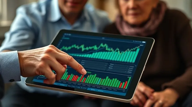 A photorealistic, professional image of a financial advisor's hands pointing to a complex digital stock chart on a tablet, with a retired couple looking on attentively. The chart shows various asset classes and growth trajectories. Cinematic lighting, sharp focus on the tablet and hands, depth of field, 8K, shot on a high-end DSLR.