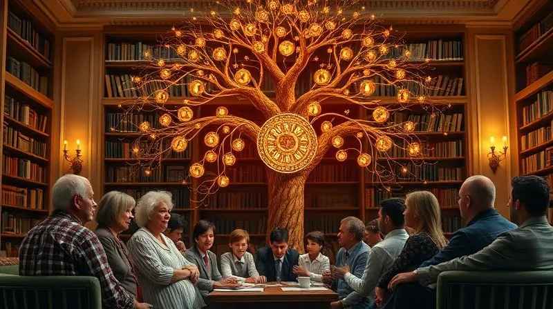 Photorealistic, professional photography, 8K, cinematic lighting, sharp focus, depth of field, shot on a high-end DSLR. A multi-generational family (grandparents, parents, children) gathered around a large, ornate family tree, with subtle, glowing lines connecting the generations, symbolizing a dynasty trust. The atmosphere is one of shared legacy and thoughtful planning. The background is a stately, timeless library or study.