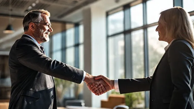 A financial advisor shaking hands with a client in a sunlit modern office, signifying trust and long-term partnership in financial planning, photorealistic, professional photography, 8K, cinematic lighting, sharp focus, depth of field, shot on a high-end DSLR.