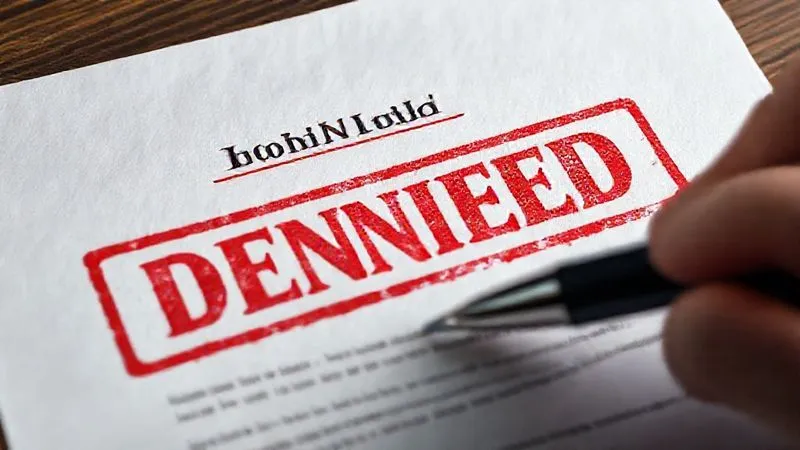 A photorealistic close-up of a formal business loan denial letter, with a red 'DENIED' stamp, partially obscured by a determined hand holding a pen, poised to strategize. Cinematic lighting, sharp focus, 8K.