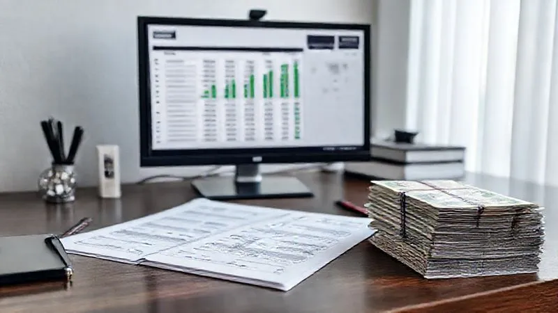 A photorealistic, professional image of a neatly organized desk with a clear financial spreadsheet on a monitor, a well-structured business plan document, and a stack of crisp banknotes. The scene exudes financial stability and meticulous planning. Cinematic lighting, sharp focus, 8K.