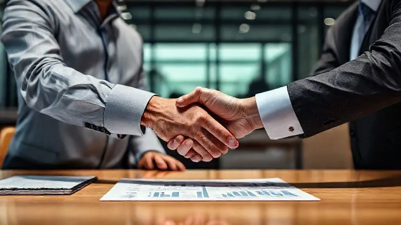 A photorealistic, professional image of a business owner and a financial advisor shaking hands across a desk, with a financial report open between them, symbolizing successful collaboration and expert guidance. Cinematic lighting, sharp focus, 8K.