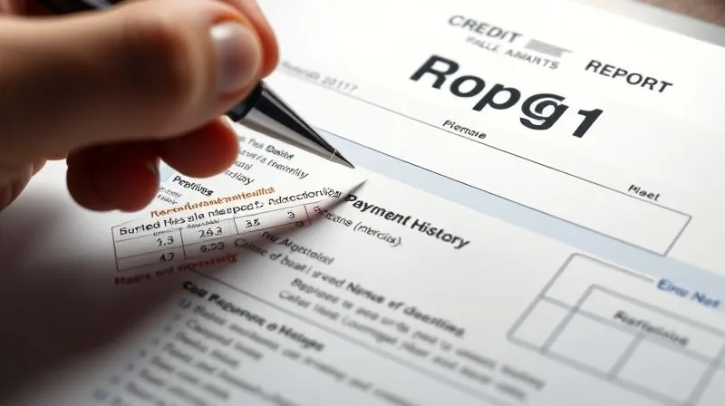 A close-up, photorealistic image of a credit report document, with sections highlighted by a professional's hand holding a pen, emphasizing details like payment history and derogatory marks, cinematic lighting, sharp focus on the report.