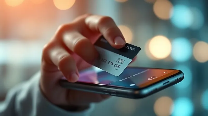 A photorealistic image of a hand placing a modern, sleek credit card into a secure digital wallet interface on a smartphone, with a subtle glow around the card, symbolizing financial security and growth, 8K, cinematic lighting.