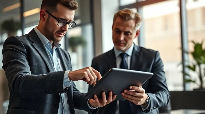 A photorealistic image of two professionals, one appearing to be a financial advisor, pointing to a complex credit report on a tablet, while the other (the client) listens intently, symbolizing expert guidance and clarity in financial matters, professional office setting, 8K, cinematic lighting.