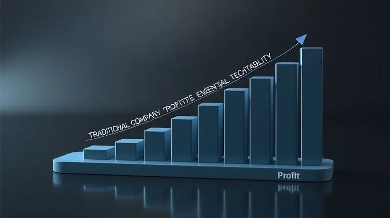 A photorealistic 3D bar chart visually contrasting two distinct growth trajectories: one a steady, linear progression labeled 'Traditional Company Profitability,' and the other a steep, exponential curve labeled 'High-Growth Tech Revenue,' with a negative or flat 'Profit' line at the bottom. Cinematic lighting, sharp focus, depth of field, 8K, professional photography.