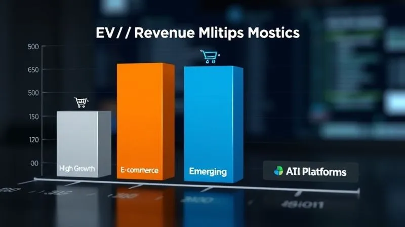 A photorealistic infographic displaying a clear bar chart comparing 'EV/Revenue Multiples' across three distinct, visually represented tech sectors: 'High-Growth SaaS,' 'Established E-commerce,' and 'Emerging AI Platforms.' Each bar should show a different height representing varying multiples, with subtle icons for each sector. Professional photography, 8K, cinematic lighting, sharp focus on the data, depth of field, conveying comparative financial analysis.