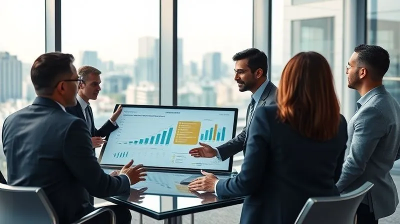 A photorealistic, professional photograph of a diverse group of executives in a modern, glass-walled conference room, actively collaborating around a large digital display showing strategic plans. They are engaged in dynamic discussion, with expressive gestures. Cinematic lighting, sharp focus on the group, depth of field blurring the urban skyline outside, 8K, shot on a high-end DSLR, conveying collaborative leadership and forward-thinking strategy.