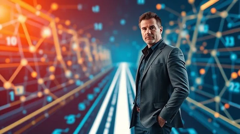 A photorealistic image of an investor, composed and confident, standing at a crossroads of complex digital pathways and glowing data streams, symbolizing various investment strategies. One path is clearly illuminated, representing a clear, actionable direction forward. Cinematic lighting, sharp focus on the investor and the illuminated path, depth of field blurring the other paths, 8K, professional photography, conveying clarity, decision, and a promising future.