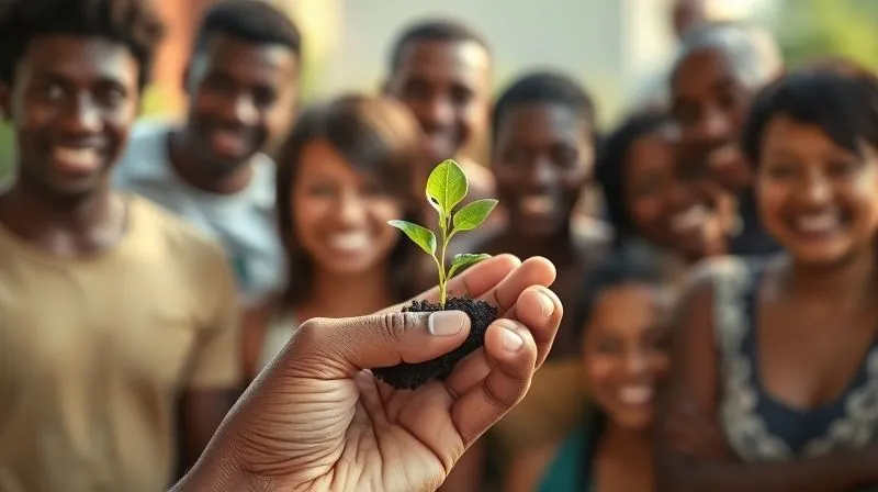 Photorealistic, professional photography, 8K, cinematic lighting, sharp focus, depth of field, shot on a high-end DSLR. A close-up of a hand holding a small, vibrant green plant seedling, symbolizing sustainable growth and new beginnings, with a blurred background of diverse, smiling faces from a global community, representing fair trade producers. The light is warm and hopeful, emphasizing connection and shared prosperity.