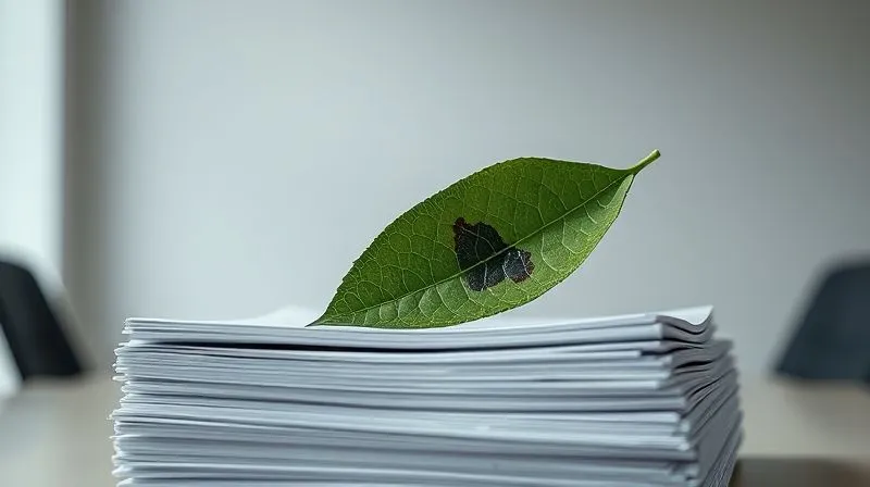Photorealistic, professional photography, 8K, cinematic lighting, sharp focus, depth of field, shot on a high-end DSLR. A single green leaf, subtly tarnished with a small patch of oil or pollution, sits on a stack of neatly arranged but slightly misleading corporate reports. The background is a stark, almost sterile office environment, emphasizing the contrast between natural ideals and corporate artifice. The lighting is sharp, highlighting the imperfection on the leaf, creating a sense of warning.