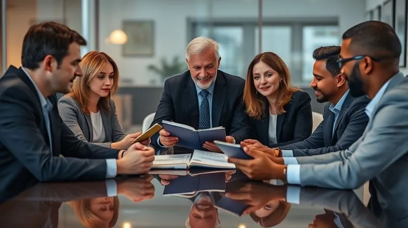 A photorealistic, professional photography image of a diverse group of financial professionals, including a fund manager and an advisor, engaged in an earnest, focused discussion in a modern office. They are seated around a polished table, with open notebooks and tablets. Cinematic lighting highlights their expressions of thoughtful dialogue and shared understanding, sharp focus on their faces, depth of field blurring the background, 8K hyper-detailed, shot on a high-end DSLR. The scene conveys trust and deep inquiry.