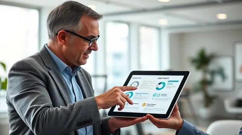 A photorealistic, professional photography image of a financial advisor and a client in a bright, modern office, looking at a tablet displaying a clear, engaging infographic on social impact. The advisor is pointing to a section, explaining it with an open, reassuring gesture. Cinematic lighting, sharp focus on their interaction and the tablet, depth of field blurring the background, 8K hyper-detailed, shot on a high-end DSLR. The image conveys clarity, trust, and understanding.