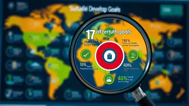 Photorealistic, professional photography, 8K, cinematic lighting, sharp focus, depth of field, shot on a high-end DSLR, a vibrant, detailed infographic of the 17 UN Sustainable Development Goals, with a magnifying glass hovering over one specific goal, revealing granular targets and indicators, symbolizing detailed analysis.