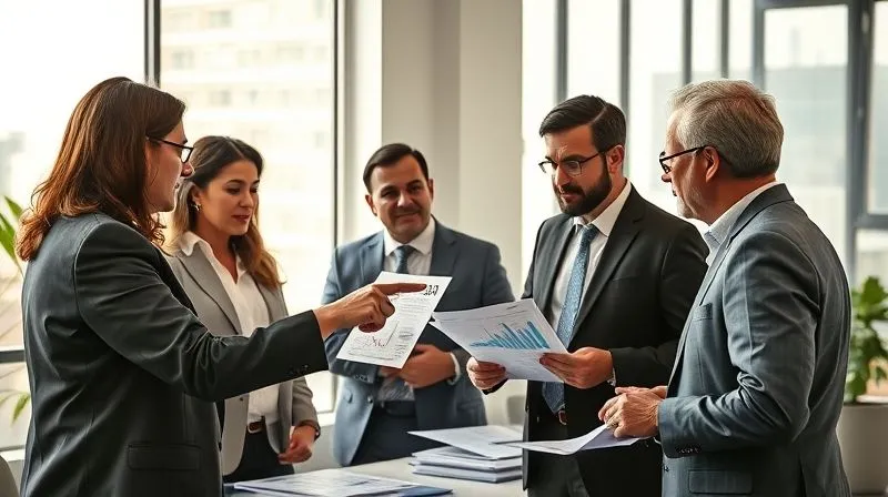 Photorealistic, professional photography, 8K, cinematic lighting, sharp focus, depth of field, shot on a high-end DSLR, a diverse group of investors in a modern, sunlit office, actively engaged in a discussion with a fund manager, pointing to financial charts and documents, symbolizing investor engagement and critical questioning.