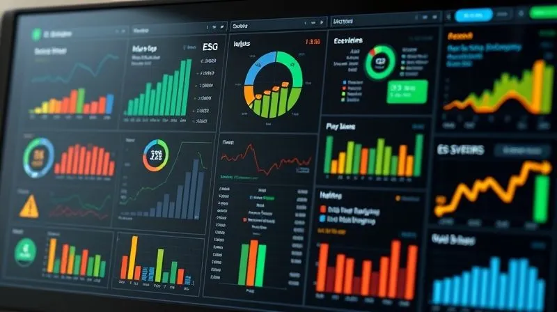 A photorealistic dashboard displaying various ESG metrics and impact indicators, with a focus on data visualization, charts, and graphs, cinematic lighting, professional photography, 8K, sharp focus, depth of field, shot on a high-end DSLR.