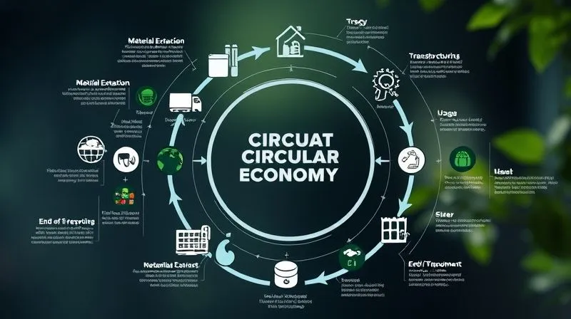 A complex, photorealistic infographic-style image illustrating a circular economy or lifecycle assessment. It shows interconnected stages like 'Raw Material Extraction', 'Manufacturing', 'Transportation', 'Usage', and 'End-of-Life/Recycling', with arrows indicating flows of materials and energy. Subtle icons representing environmental impacts (e.g., smoke stacks, water pollution, green leaves) are integrated at each stage. Professional photography, 8K, cinematic lighting, sharp focus, depth of field, shot on a high-end DSLR, conveying the interconnectedness of a project's full environmental footprint.