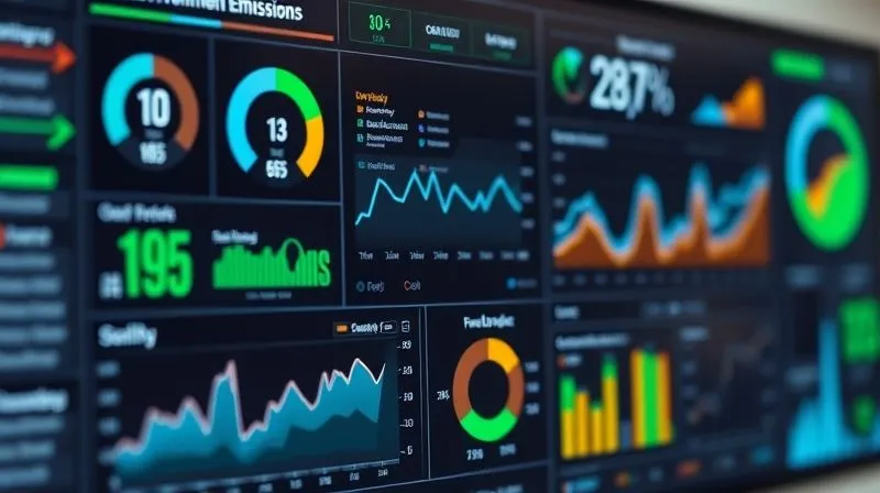 A photorealistic digital dashboard displaying various environmental metrics such as carbon emissions, water consumption, and waste diversion, with clear, trending graphs and real-time data updates. The dashboard should have a clean, professional interface, showing progress over time. Professional photography, 8K, cinematic lighting, sharp focus on the data, depth of field. Shot on a high-end DSLR, conveying continuous monitoring and data-driven decision-making.