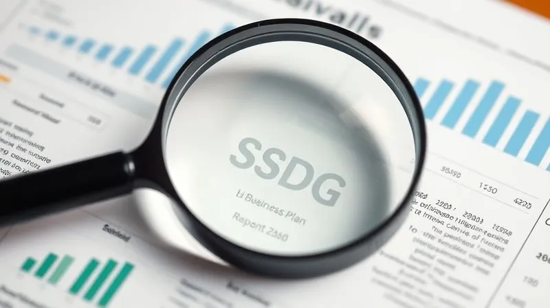 A photorealistic, professional photography, 8K, cinematic lighting, sharp focus, depth of field shot on a high-end DSLR of a magnifying glass hovering over a detailed business plan document. On the document, faint, translucent UN SDG icons are subtly integrated with financial charts and text, symbolizing the scrutiny of a company's strategy against its stated SDG impact. The lighting is bright and clear, emphasizing transparency.