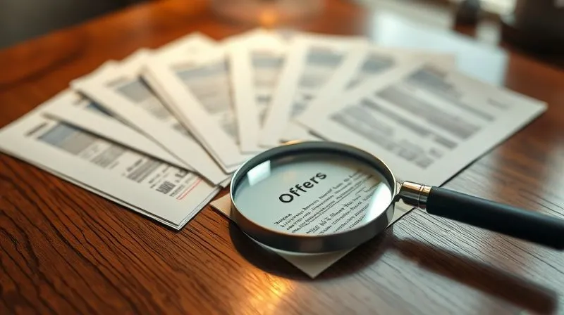 A photorealistic image of several different offers (documents) fanned out on a polished wooden table, with a magnifying glass hovering over one, suggesting detailed scrutiny of various components beyond just the price. Cinematic lighting, sharp focus on the documents, depth of field blurring the background, professional photography, 8K.