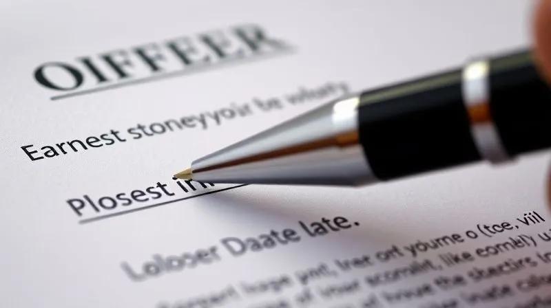 A photorealistic close-up of a meticulously written real estate offer document, with a high-quality pen poised to sign, conveying careful consideration and strategic intent. The document highlights key terms like 'earnest money' and 'closing date'. Cinematic lighting, sharp focus on the document details, professional photography, 8K.