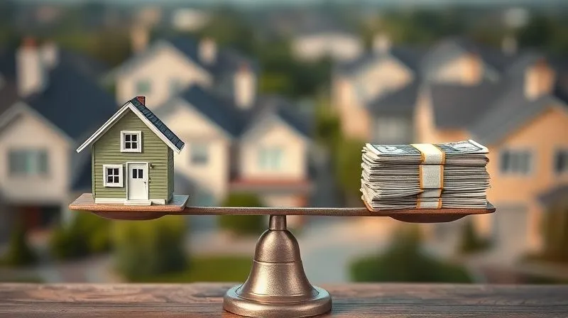 A photorealistic image of a balanced scale, with a miniature house on one side and a stack of money on the other, representing the delicate balance of intrinsic value and market cost. The background is a slightly blurred suburban neighborhood. Cinematic lighting, sharp focus on the scale, depth of field, professional photography, 8K.
