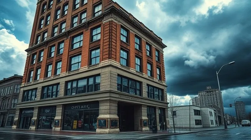 photorealistic, professional photography, 8K, cinematic lighting, sharp focus, depth of field, shot on a high-end DSLR, a historic commercial building facade with subtle signs of water damage and erosion around the base, dramatic storm clouds gathering in the background, a sense of vulnerability to climate change.