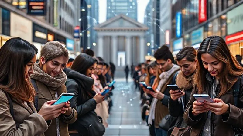 A photorealistic image of a diverse group of people using smartphones for digital payments in a bustling urban environment, with glowing digital lines connecting them to a subtle, stylized bank building in the background. Professional photography, 8K, cinematic lighting, sharp focus, depth of field, shot on a high-end DSLR, evoking modern convenience and interconnectedness.