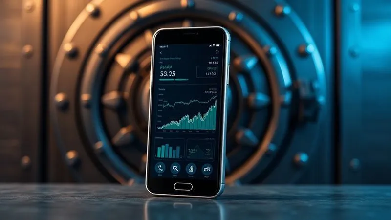 A photorealistic image of a modern, sleek smartphone displaying a digital wallet interface with financial graphs and data in the background, subtly overlaid with a traditional bank vault door, symbolizing secure and innovative financial services. Professional photography, 8K, cinematic lighting, sharp focus, depth of field, shot on a high-end DSLR.