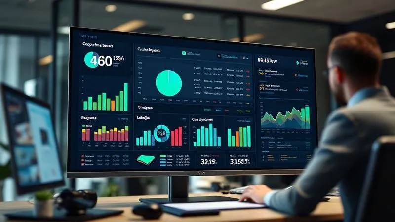 A photorealistic image of a sleek, modern financial dashboard displayed on a large monitor, showing various charts and graphs representing net worth, cash flow, and categorized expenses. The data is clear and organized, with a depth of field blurring a professional working at a desk in the background. Professional photography, 8K, cinematic lighting, sharp focus on the screen, shot on a high-end DSLR.