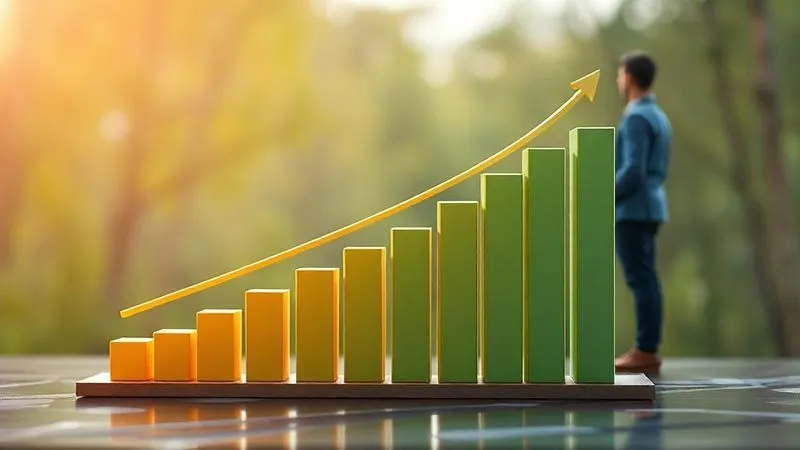 A photorealistic 3D bar chart showing exponential wealth growth over time, with a clear line indicating the 'FIRE Number' target. The bars represent increasing investment portfolio value. Cinematic lighting, sharp focus on the chart, depth of field blurring a serene, financially independent individual in the background. Professional photography, 8K, shot on a high-end DSLR.